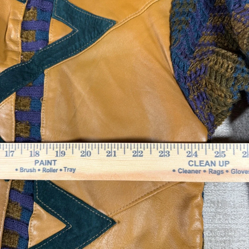 Saxony Sweater Mens XL Tan Leather Knit L/S Geometric Patchwork Vintage